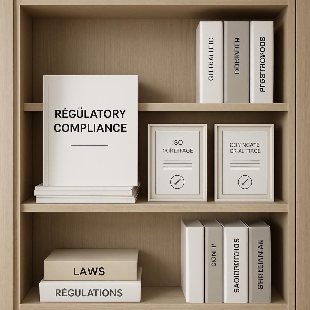 A bookshelf stocked with books on "Regulatory Compliance", "Laws", "ISO Certification", and "Communication" regulation.